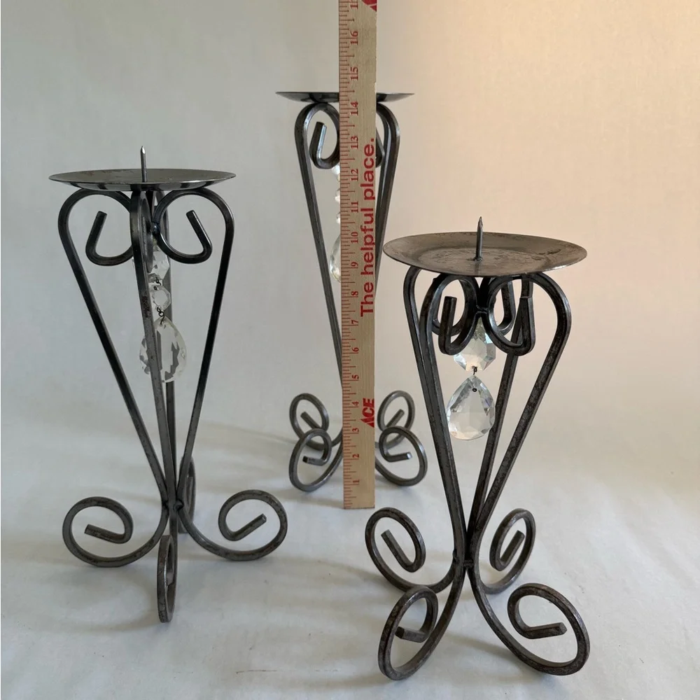 Wrought Iron Pillar Candle Stands with Pewter Patina and Crystal Embellishments